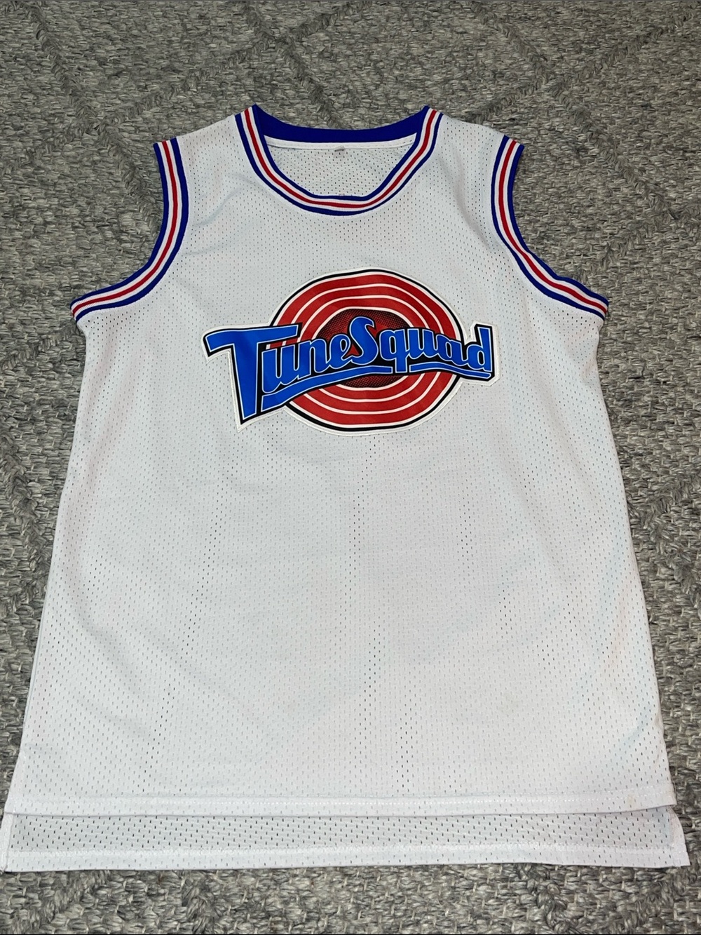Tune Squad White Basketball Jersey with Red & Blue Logo
